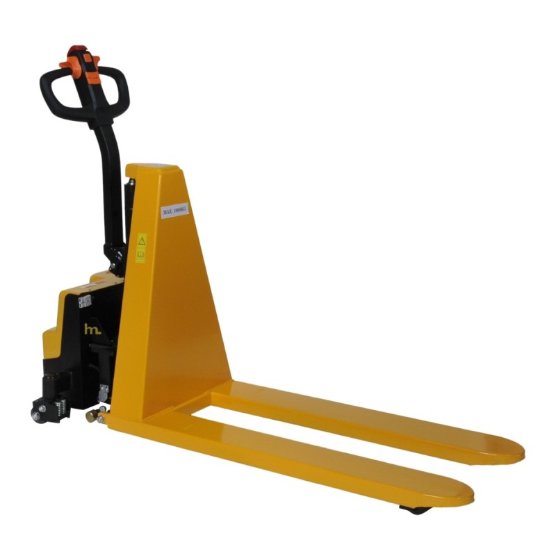 Vista en 3/4 de la transpaleta elevadora totalmente eléctrica monocilíndrica 1500 kg